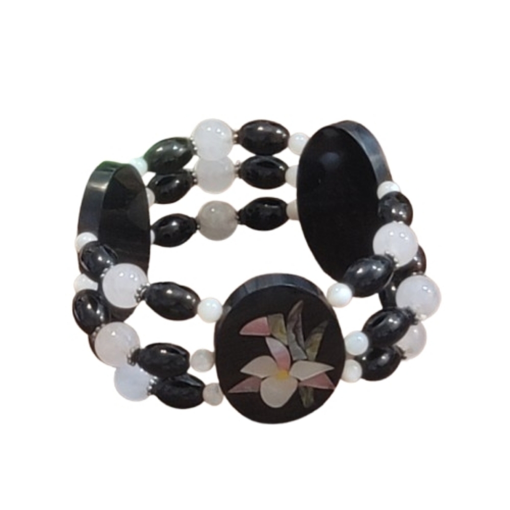 Vintage Lee Sands Abalone Inlaid Stretch Bracelet Floral Stretch - Picture 3 of 4